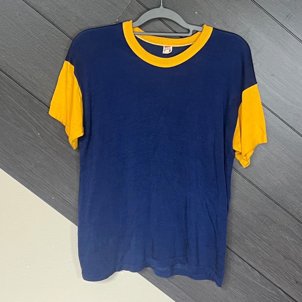 Vintage 70s Sears Ringer T-Shirt Blue Gold Southern Tag Size L 42-44
